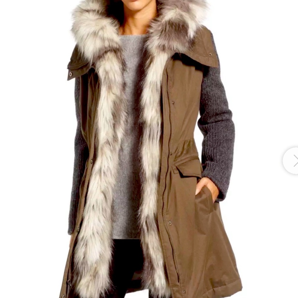 Vera Wang Green Khaki Faux Fur Trim Mixed Media Parka